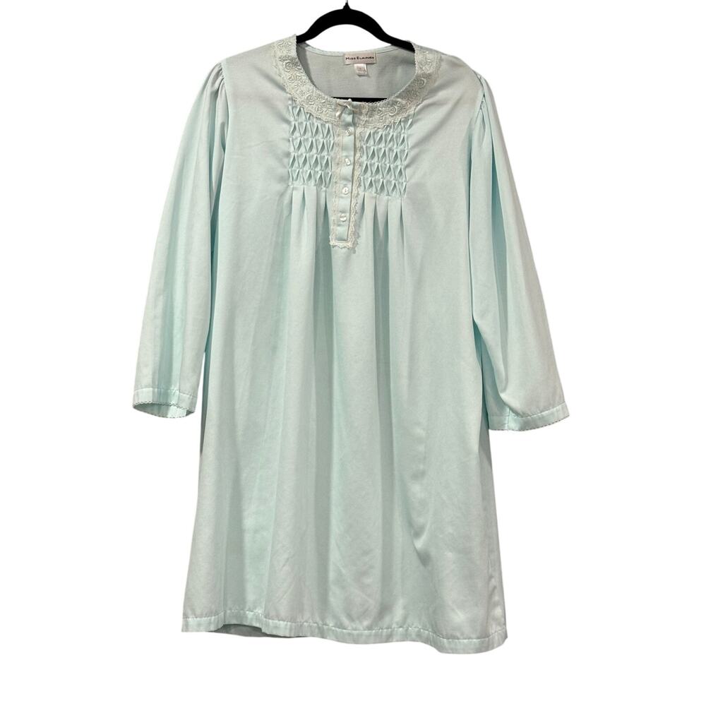 Miss Elaine Nightgown Honeycomb Smocked Embroidered Floral Lace Aqua Size L
